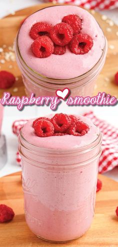 two mason jars filled with raspberry smoothie