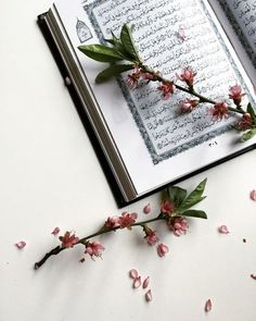 an open book with pink flowers on the pages and arabic writing in it, sitting on a white surface