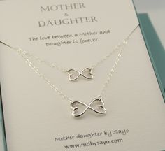 "Mother Daughter Infinity heart necklace set, Heart Infinity Necklace for Mommy and Me. This necklace says it all with the Infinity Hearts symbolizing eternal love. These are great as mother daughter sets. The necklaces will arrive in a nice gift box. If you prefer the necklaces be shipped in separate boxes, please let me know. Mother's necklace: - Sterling silver heart infinity pendant is about 3/4\" x 7/16\". - Sterling silver chain Daughter's Necklace: - Sterling silver heart infinity pendant Mother Daughter Necklaces Set, Infinity Hearts, Diamond Cross Necklace Gold, Mother Daughter Jewelry, Mommy Necklace, Mother Daughter Necklace, Mother Daughter Gifts, Bff Necklaces, Daughter Jewelry