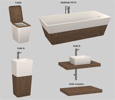 bathroom furniture including sink, toilet and bathtub with wooden shelves on the wall next to it