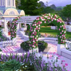 an artistic rendering of a garden with pink and white flowers on the arch in the center