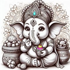 an elephant is sitting next to some pots with eggs in it's trunk and holding a