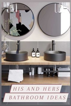 two sinks and mirrors in a bathroom with the words, his and hers bathroom ideas