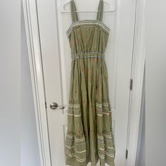 Size Xs But Could Fit Small, Elastic Waist Band, Only Worn Once Casual Green Embroidered Hem Dress, Casual Green Embroidered Dress With Embroidered Hem, Casual Green Dress With Embroidered Hem, Green Embroidered Spring Maxi Dress, Green Spring Dress With Embroidered Hem, Spring Green Embroidered Maxi Dress, Casual Green Midi Dress With Floral Embroidery, Spring Green Dresses With Embroidered Hem, Casual Green Dresses With Embroidered Hem