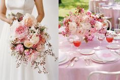 the bride is holding a bouquet of pink flowers in her hand and on her wedding day