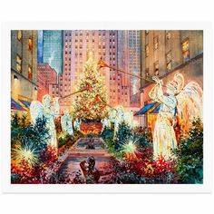 a painting of an angel christmas tree in the middle of a city with angels around it