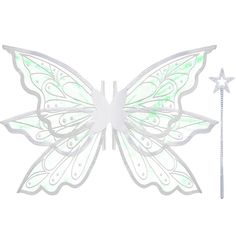 a white butterfly with green lights on it's wings and tail, next to a star