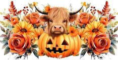 a cow with horns is surrounded by flowers and pumpkins, which are painted orange