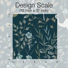 the design scale is shown with flowers and plants in blue, green and white colors