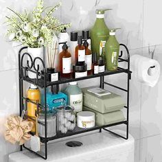 a bathroom shelf filled with lots of toiletries