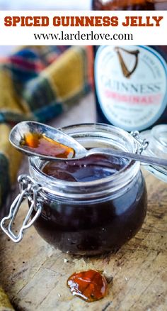 homemade spiced guinness jelly in a jar with spoon