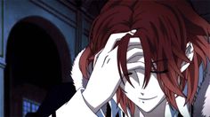 an anime character with red hair covering his eyes