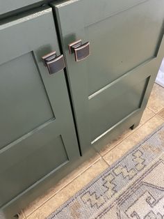 a green cabinet with two doors on the front and one door open to reveal an area rug