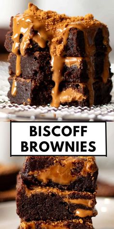 chocolate brownies stacked on top of each other with caramel drizzle