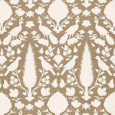 a brown and white wallpaper with birds on it