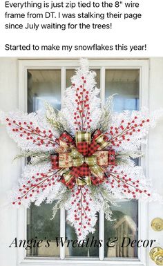 a snowflake wreath on the front door of a house that says, started to make my snowflakes this year