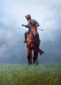 a painting of a man riding on the back of a brown horse through tall grass