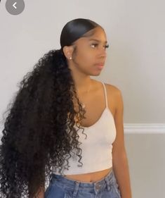 Up Hair Dues For Prom, Ponitalli Hairstyle Curly Hair, Middle Part Ponytail Weave Curly, Curly Genie Ponytail, Middle Part Curly Ponytail, Fluffy Ponytail Black Women, Big Ponytail Hairstyles, High Ponytail With Curls, Puffy Ponytail Hairstyles Black Women