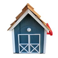 a small blue and white birdhouse with a red door on the top of it's roof