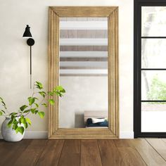 a large mirror sitting on top of a wooden floor next to a potted plant