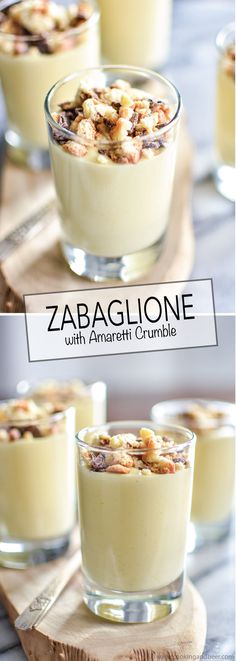 three different shots of food in small glasses on a wooden tray with the words zabaglione