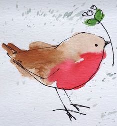 a watercolor painting of a bird with a green leaf on it's head