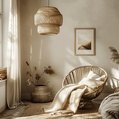 a bedroom with wicker furniture and plants on the floor next to a large window