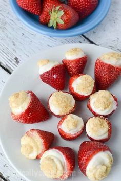 strawberries are arranged on a white plate