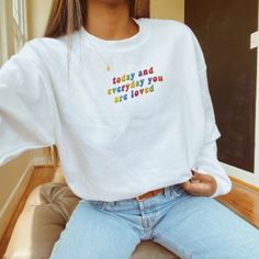 Get ready to fall in LOVE with your new rainbow embroidered 'you are so loved everyday' sweatshirt. It's the cutest and most comfortable way to show off the latest styles. Also makes a great gift! * PRODUCT DETAILS * ✺ Soft preshrunk 50% cotton, 50% polyester blend ✺ Medium weight fabric (super soft feel) ✺ Wash and dry normally (on cool for best results) ✺ Designed and printed in the USA ✺ Due to different monitor screens, colors may vary ✺ * SIZING * ✺ FOR AN OVERSIZED FIT, SELECT TWO OR THREE Casual Rainbow Crew Neck Sweatshirt, White Sweatshirt With Letter Embroidery For Everyday, White Everyday Sweatshirt With Letter Embroidery, White Sweatshirt With Letter Embroidery, Rainbow Cotton Crew Neck Sweatshirt, Everyday White Tops With Letter Embroidery, Rainbow Cotton Top For Fall, Trendy White Sweatshirt With Embroidered Text, White Trendy Sweatshirt With Embroidered Text