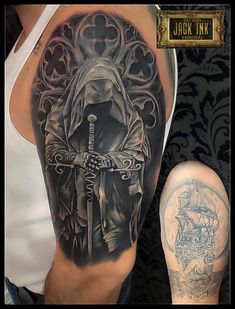 Angel Tattoo Black And Grey, Angel Tattoo Cover Up, Big Cover Up Tattoos Men, Coverup Tattoo Ideas For Men Arm, Skull Cover Up Tattoo, Coverup Tattoo Design For Man, Half Sleeve Tattoos For Men Upper Arm, Cover Up Tattoos For Men Arm, Big Cover Up Tattoos