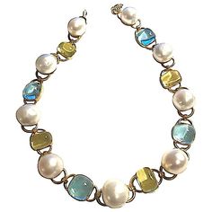 "Elegant 18kt Yellow gold Necklace with 9 Baroque South Sea cultured pearls and 4 Lemon Citrine cabochons stations and 4 Blue Topaz cabochons stations.   The Blue Topaz cabochon measure approximately 14mm and the Peridot measure approximately 14x10mm. The pearls range in size from approximately 14-16mm  The Necklace Measures ~ 16\" long.  Stamped with makers mark Maz 18kt  Please contact me with any inquiries you may have.  Best,  Christina Addison Jewelry NYC" Lemon Necklace, Beading Design, Briolette Necklace, Artisan Bracelets, Citrine Necklace, Yellow Gold Necklace, Cultured Pearl Necklace, Baroque Pearl Necklace, Pearl Necklaces