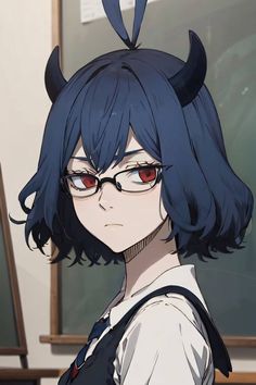 an anime character with blue hair wearing glasses and a devil horns headband, staring at the camera