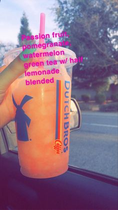 someone holding up a drink in their hand with the caption, reason fruit pineapple watermelon green tea w / hot lemonade blended