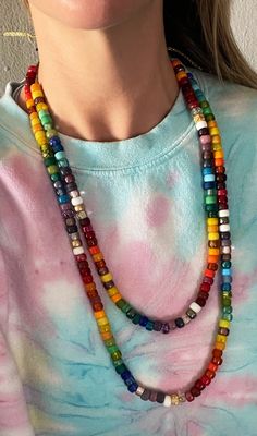 Glass Pony Beads, Rainbow Bead Necklace, Pony Bead Necklace, Big Beads Necklace, Pony Bead Jewelry, Kid Jewelry, Necklace Tie, Long Beach Ny, Body Necklace