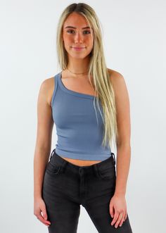 blue stretchy comfy ribbed one shoulder tank One Shoulder Tank Top, One Shoulder Tank, Selling Photos, City Of Angels, Blue White And Black, Top Crop, Top Vintage, Date Outfits, One Shoulder Tops