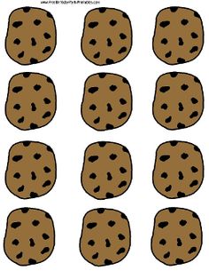 chocolate chip cookies are arranged in rows on a white background, with black dots all over them