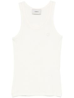 ivory white fine ribbed embroidered logo at the chest scoop neck sleeveless racerback straight hem Everyday White Ribbed Tank Top, White Ribbed Cotton Vest, White Stretch Ribbed Vest, White Ribbed Sporty Tank Top, Classic White Tank Top For Spring, White Ribbed Vest For Spring, Spring White Ribbed Vest, White Ribbed Crew Neck Tank Top, White Ribbed Scoop Neck Tank Top