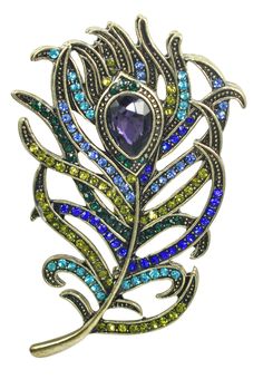 PRICES MAY VARY. UNIQUE DESIGN - This is a beautiful retro style peacock feather plume pin brooch with a teardrop cut of purple crystal stone and a various blue and green dazzling rhinestones. CLASSIC LOOK - This feather brooch inspired by nature,the green and blue color combination makes this piece very elegant and unique.Peacock birds represent beauty and luck. REASONABLE SIZE - Set in vintage old gold tone metal alloy base,this feather measures a little less 2 inches in height,it is not too b Peacock Feather Brooch, Joy Vintage, Blue Color Combinations, Feather Brooch, Vintage Peacock, Emerald Blue, Rhinestone Material, Animal Brooch, Purple Crystal