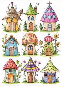 a group of cartoon houses with different colors and designs on the front, one has a mushroom