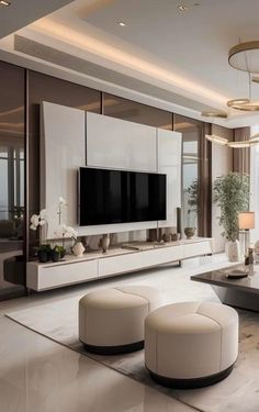 an elegant living room with modern furniture and large windows