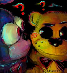 a painting of a teddy bear with question marks on it's face