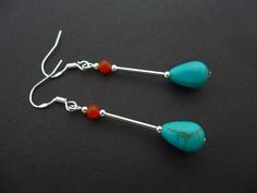 Handmade Turquoise Teardrop Earrings, Turquoise Hypoallergenic Beaded Drop Earrings, Turquoise Long Drop Earrings With Ear Wire, Turquoise Drop Earrings With Ear Wire, Nature-inspired Turquoise Dangle Earrings, Turquoise Dangle Earrings Ocean-inspired, Silver Earrings Handmade, Diy Rings, Teardrop Beads