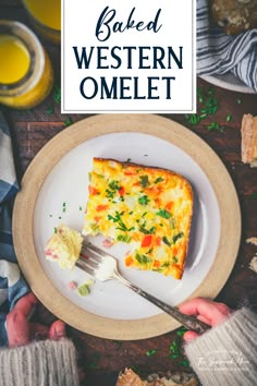 a white plate topped with a piece of baked western omelet next to a fork