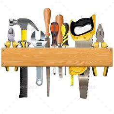 a wooden shelf filled with different tools and wrenches - miscellaneous objects / objects illustrations