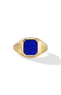 An 18-karat-gold signet ring is centered by an octagonal stone inlay for a contemporary pop of color. 18k gold/black onyx, lapis or tiger's-eye Made in Italy Modernist 14k Gold Signet Ring With Polished Finish, Modern Emerald Cut Signet Ring With Polished Finish, Modern Octagon Signet Ring For Gift, Luxury Rectangular Signet Ring With Gemstone, Luxury Rectangular Gemstone Signet Ring, Modern Octagon Signet Ring As Gift, Yellow Gold Signet Ring With Rectangular Gemstone, Modern Octagon Shaped Signet Ring As A Gift, Modern Octagon-shaped Signet Ring Gift