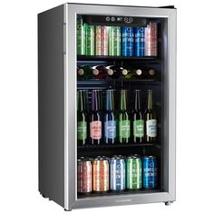 a mini fridge with many different types of beverages