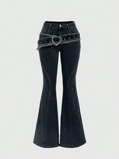 Y2K Retro Heart Metal Buckle Fringe Waist Belt & Flared Jeans For Women, School Blue Casual   Denim Plain Flare Leg Medium Stretch  Women Clothing, size features are:Bust: ,Length: ,Sleeve Length: Jeans Grunge Outfit, Belted Jeans, Low Rise Bottoms, Flared Denim, Clothing Y2k, Black Jeans Y2k, Pants With Hearts, Dress Y2k, Jeans With Belt