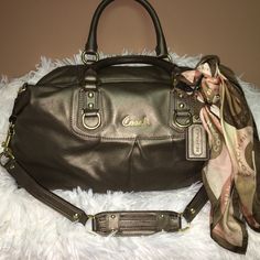 Coach Purse W/Coach Scarf; Still In Really Good Condition! Spotless On The Inside! The Color Is Really Unique. Please See Pics For Use Scarf On Purse, Bag With Scarf, Coach Scarf, Bags Coach, Coach Bag, Coach Purse, Balenciaga City Bag, Coach Purses, Womens Tote Bags