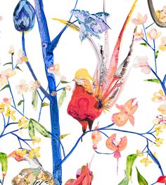 an artistic painting of birds and flowers on a tree with blue branches in the foreground