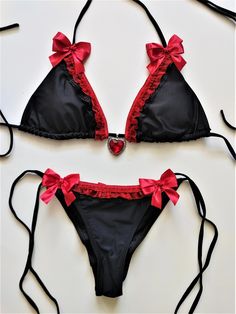 GOTHIC LOLITA BIKINI Black Scrunch Bottom Brazilian Swimsuit - Etsy Black And Red Bathing Suit, Goth Swimsuit Bikinis, Witchy Aesthetic, Gothic Steampunk, Cute Lingerie, Sewing Class